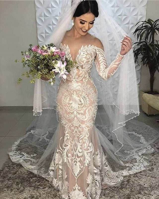 Ivory Lace Embroidery Mermaid Wedding Dress Long Sleeves