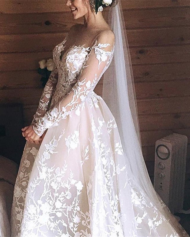 ivory lace over champagne wedding dress A-line V Neck Light Champagne Tulle Ivory Lace Wedding Dress WD595 US0 / Custom Color