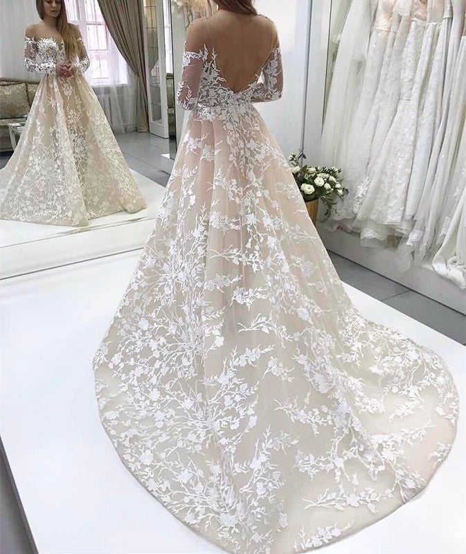 fitted lace wedding dress Long Sleeves Ivory Sweetheart Fit and Flare Lace Wedding Dress main image 1