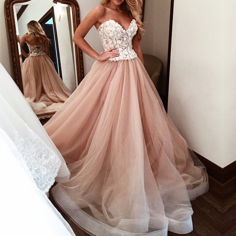 Ivory Lace Sweetheart Bodice Corset Champagne Tulle Wedding Dresses-alinanova