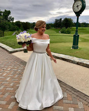 Load image into Gallery viewer, Ivory Satin Off Shoulder Wedding Dresses A Line Beaded Sashes
