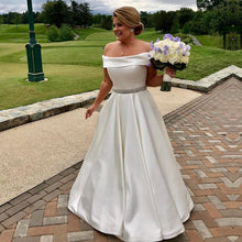 Load image into Gallery viewer, Ivory Satin Off Shoulder Wedding Dresses A Line Beaded Sashes-alinanova
