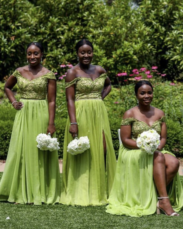 Chiffon Split Bridesmaid Dresses Lace Off Shoulder