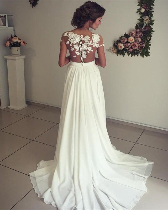 Lace Appliques Cap Sleeves Chiffon Beach Wedding Dresses With Slit