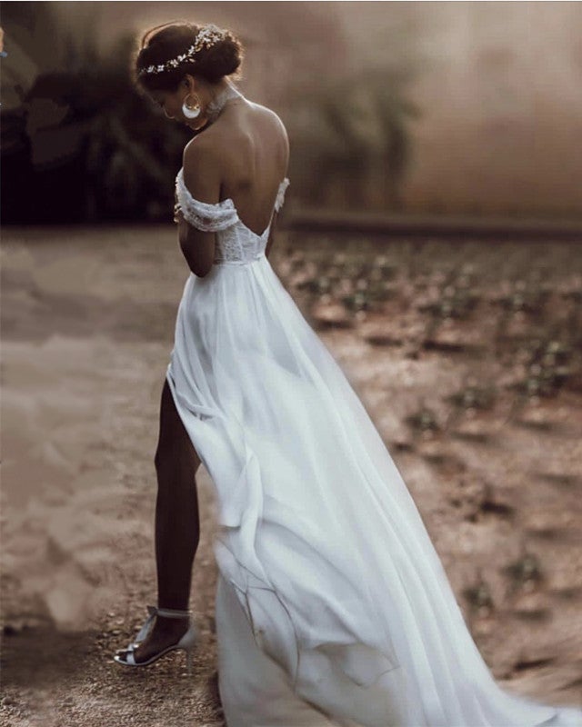 Lace Appliques Chiffon Beach Wedding Dresses Off Shoulder
