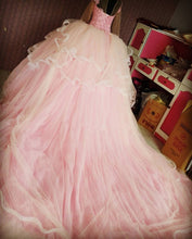 Load image into Gallery viewer, Lace Appliques High Neck Long Sleeves Ball Gowns Wedding Dresses Pink
