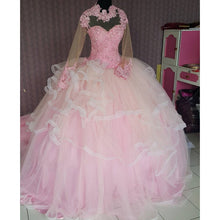 Load image into Gallery viewer, Lace Appliques High Neck Long Sleeves Ball Gowns Wedding Dresses Pink-alinanova
