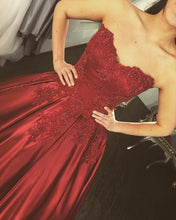 Load image into Gallery viewer, Lace Appliques Long Satin Burgundy Wedding Dresses Ball Gowns
