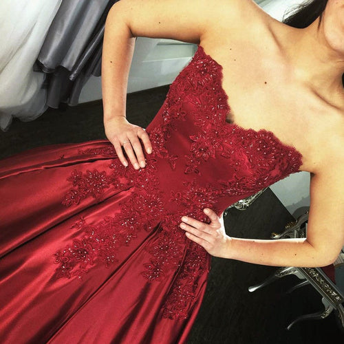 Lace Appliques Long Satin Burgundy Wedding Dresses Ball Gowns-alinanova