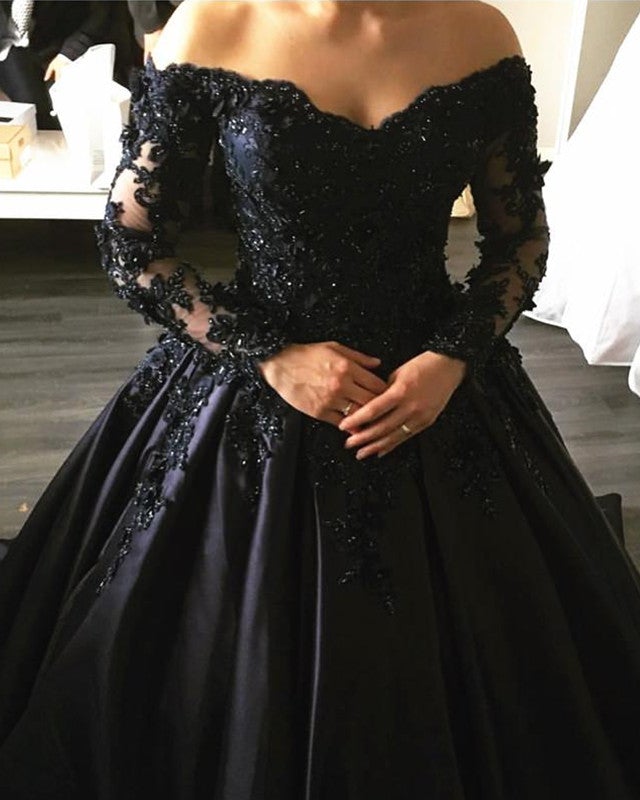 Black Wedding Dresses A-Line Designed Neckline Long Sleeves Natural Wa —  Bridelily