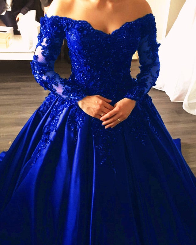 Long Sleeves Ball Gowns Wedding Dresses Lace Appliques Off Shoulder alinanova