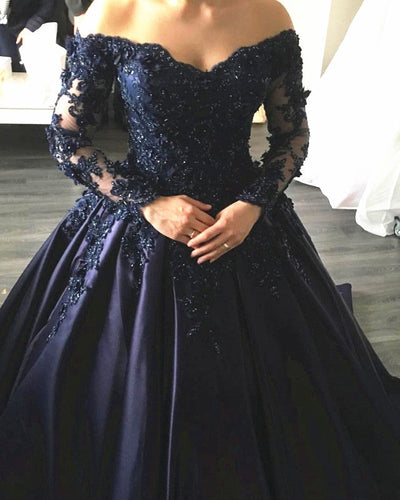 Long Sleeves Ball Gown Wedding Dresses Navy Blue