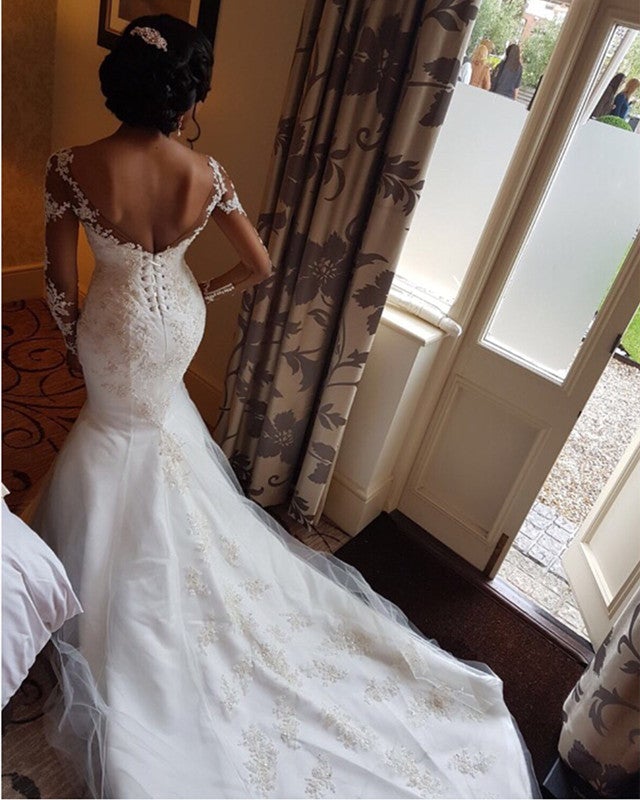navy blue dress for baby girl Mermaid V-Neck Long Sleeves Backless Bohemian Wedding Dress TN369 US18 / White main image 0