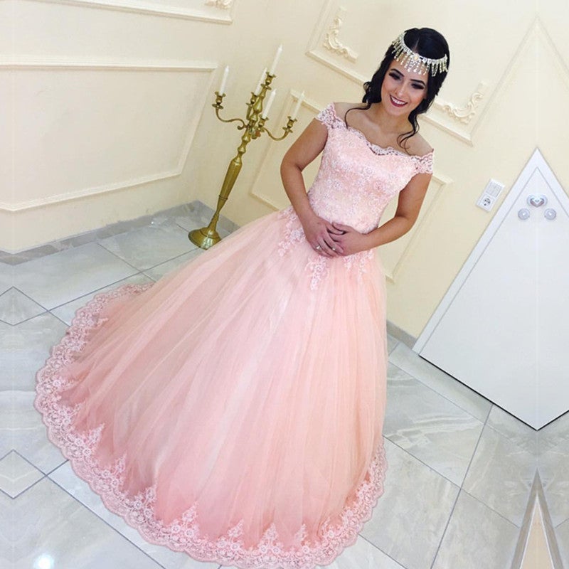 Lace Appliques Off Shoulder Pink Tulle Quinceanera Dresses Ball Gowns-alinanova