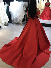 Load image into Gallery viewer, Lace Appliques Off Shoulder Satin Ball Gown Prom Dresses
