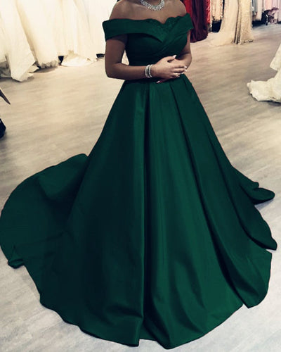 Lace Appliques Off Shoulder Satin Ball Gown Prom Dresses-alinanova