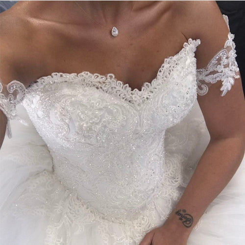 Lace Appliques Sweetheart Tulle Wedding Ball Gown Dresses With Removable Straps-alinanova