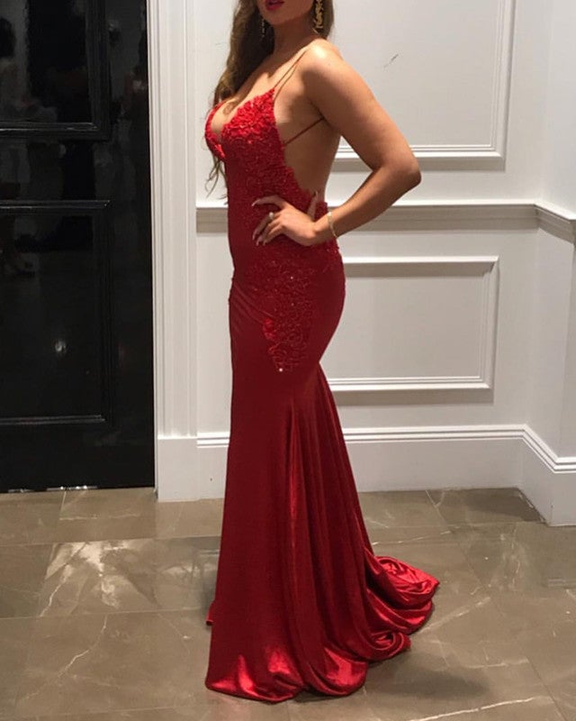 fitted lace wedding dress Backless Mermaid Burgundy Prom Dresses, Burgundy Mermaid Backless Form –  jbydress main image 0
