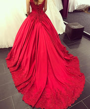 Load image into Gallery viewer, Lace Appliques V-neck Chapel Train Satin Ball Gowns Quinceanera Dress
