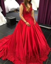 Load image into Gallery viewer, Lace Appliques V-neck Chapel Train Satin Ball Gowns Quinceanera Dress-alinanova
