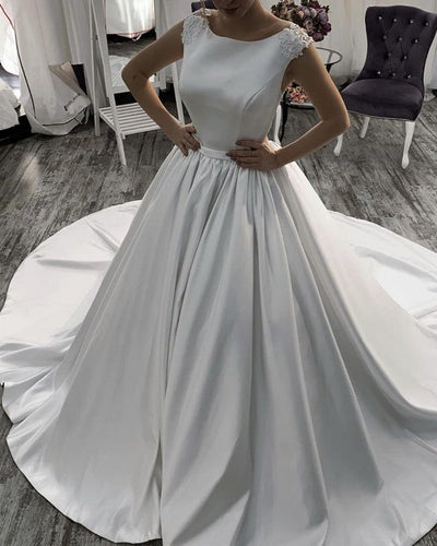 Lace Back Wedding Dress Scoop Neck Satin Ball Gown-alinanova