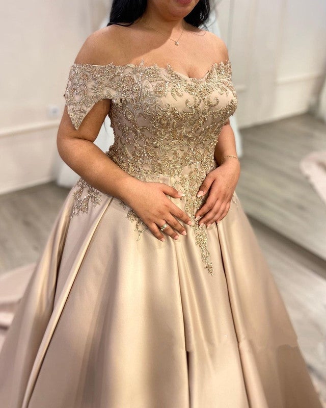 Lace Beaded Ball Gown Off The Shoulder Prom Dresses Plus Size Lace Beaded Ball Gown Off The Shoulder Prom Dresses Plus Size