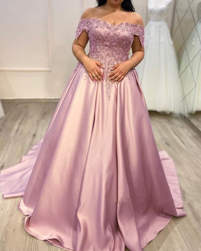 Lace Beaded Ball Gown Off The Shoulder Prom Dresses Plus Size-alinanova