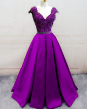 Load image into Gallery viewer, Lace Beaded Cap Sleeves Ball Gown Satin Dresses Beaded Sashes-alinanova
