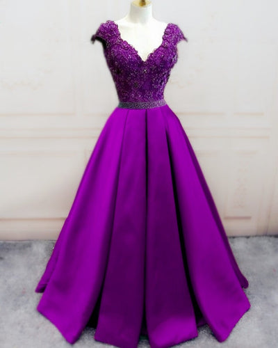 Lace Beaded Cap Sleeves Ball Gown Satin Dresses Beaded Sashes-alinanova