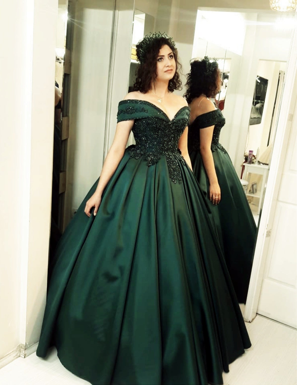 Lace Beaded Corset Off Shoulder Satin Ball Gowns Prom Dresses – alinanova