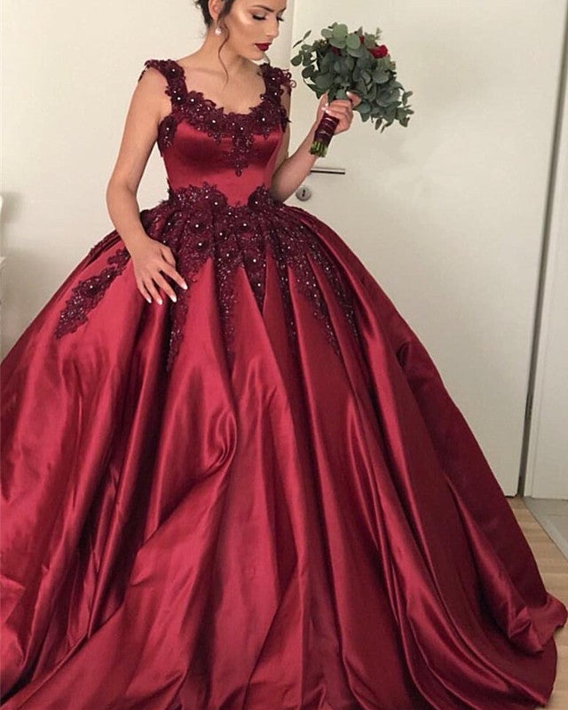 Lace Beaded Sweetheart Satin Ball Gown Maroon Wedding Dresses-alinanova