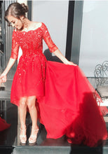 Load image into Gallery viewer, Lace Beaded Tulle Front Short Long Back Prom Dress With Sleeves
