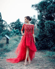 Load image into Gallery viewer, Lace Beaded Tulle Front Short Long Back Prom Dress With Sleeves
