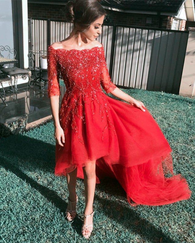 Lace Beaded Tulle Front Short Long Back Prom Dress With Sleeves-alinanova
