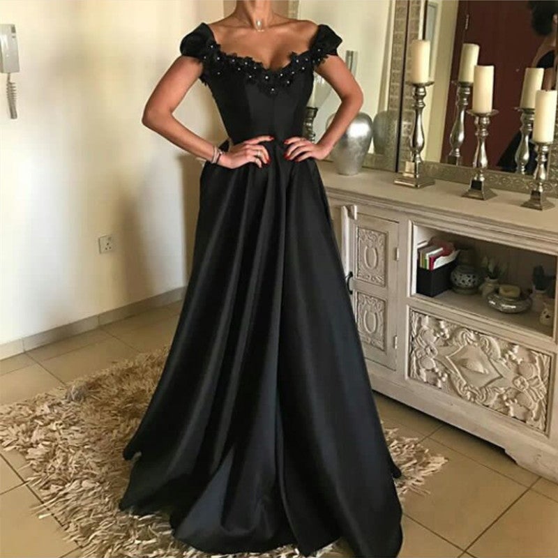 Lace Beaded V Neck Long Black Prom Dresses-alinanova