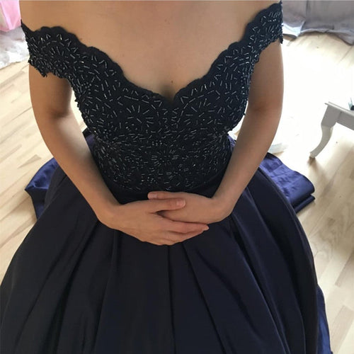 Lace Beaded V-neck Off The Shoulder Ball Gown Satin Prom Dresses-alinanova