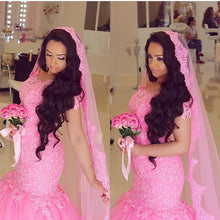 Load image into Gallery viewer, Lace Cap Sleeves Mermaid Wedding Dress Pink

