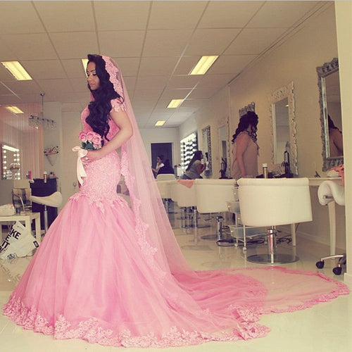 Lace Cap Sleeves Mermaid Wedding Dress Pink-alinanova