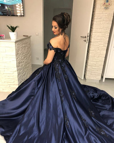 Lace Embroidery Beaded Off The Shoulder Satin Wedding Ballgown Dresses-alinanova