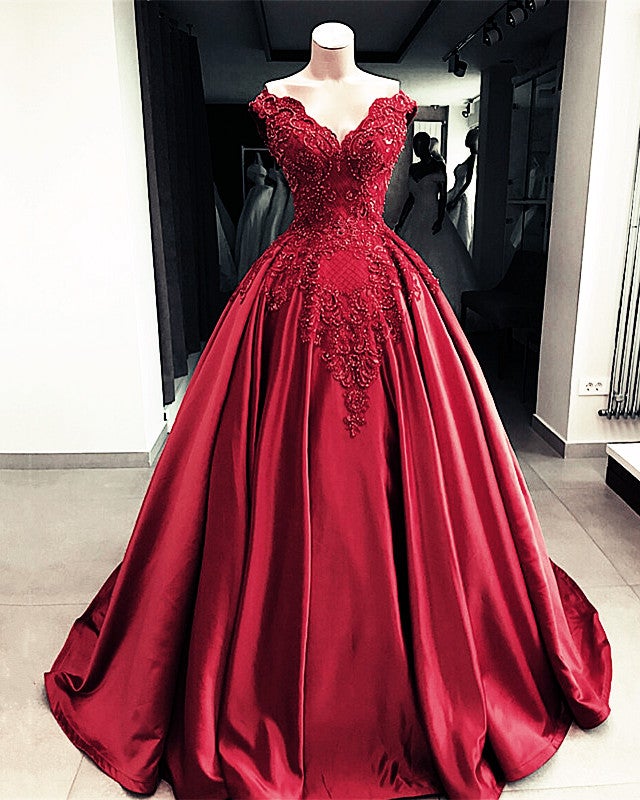 embroidered beaded dress Lace Embroidery Beaded V-neck Satin Ball Gown Prom Dress – alinanova