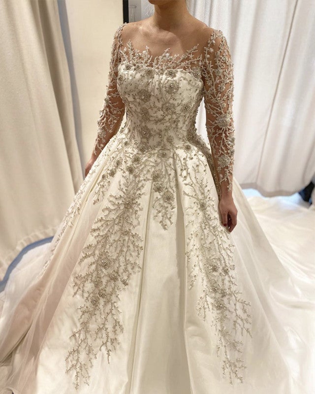 Lace Embroidery Beaded Wedding Dress Long Sleeves Ball Gown-alinanova