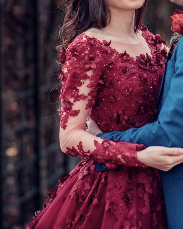 Ball Gowns Wedding Dresses Burgundy Lace Embroidery Long Sleeves  alinanova