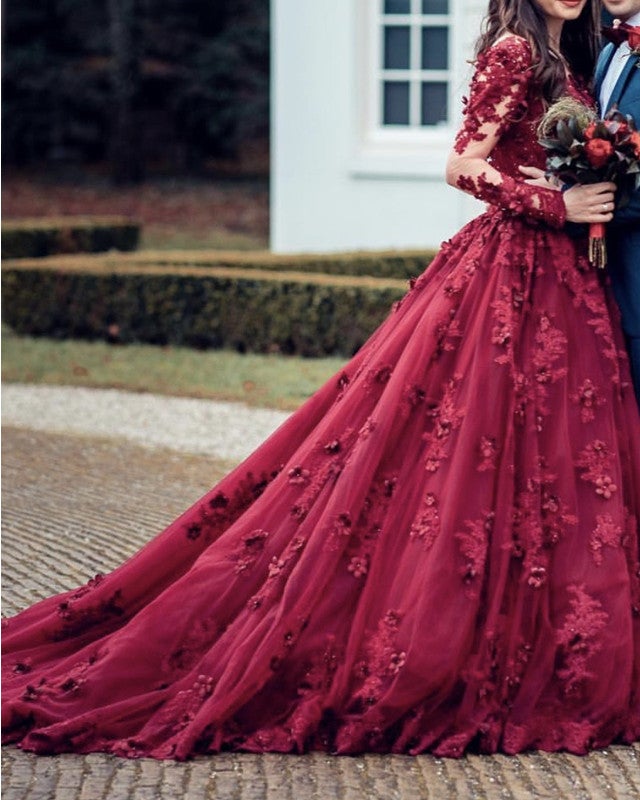 fitted lace wedding dress Ball Gowns Wedding Dresses Burgundy Lace Embroidery Long Sleeves – alinanova