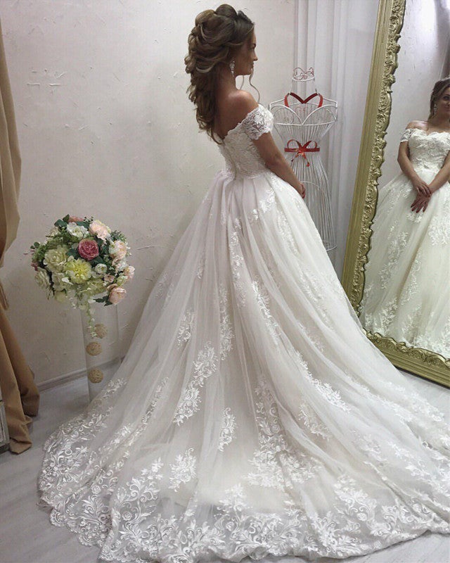 Lace Embroidery Off Shoulder Tulle Wedding Dresses Princess Lace Embroidery Off Shoulder Tulle Wedding Dresses Princess