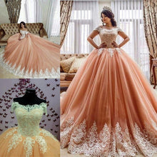 Load image into Gallery viewer, Lace Embroidery Off The Shoulder Tulle Ball Gowns Quinceanera Dresses
