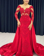 Load image into Gallery viewer, Lace Embroidery Prom Dresses Mermaid Long Sleeves Satin Sweep Train-alinanova
