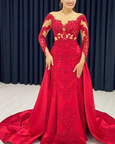 Lace Embroidery Prom Dresses Mermaid Long Sleeves Satin Sweep Train-alinanova