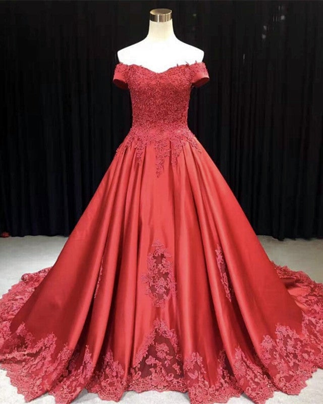 Lace Embroidery Satin Sweep Train Wedding Dresses Ball Gowns – alinanova