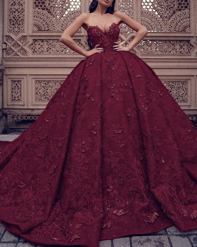 Burgundy Wedding Lace Dress