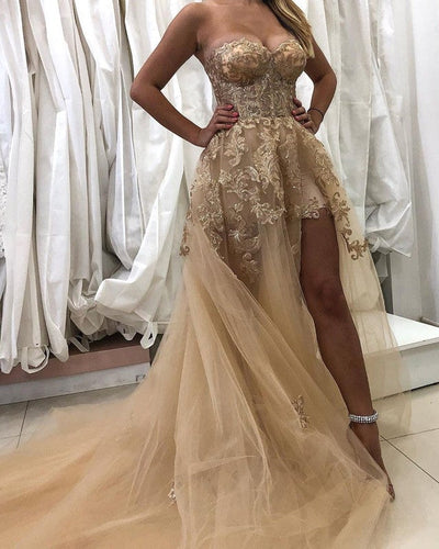 Lace Embroidery Sweetheart Corset Tulle Split Dresses-alinanova